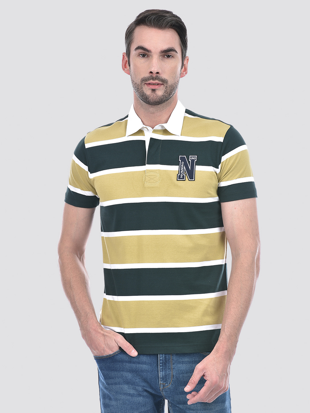 Numero Uno Men Olive And White Striped Polo T-Shirt